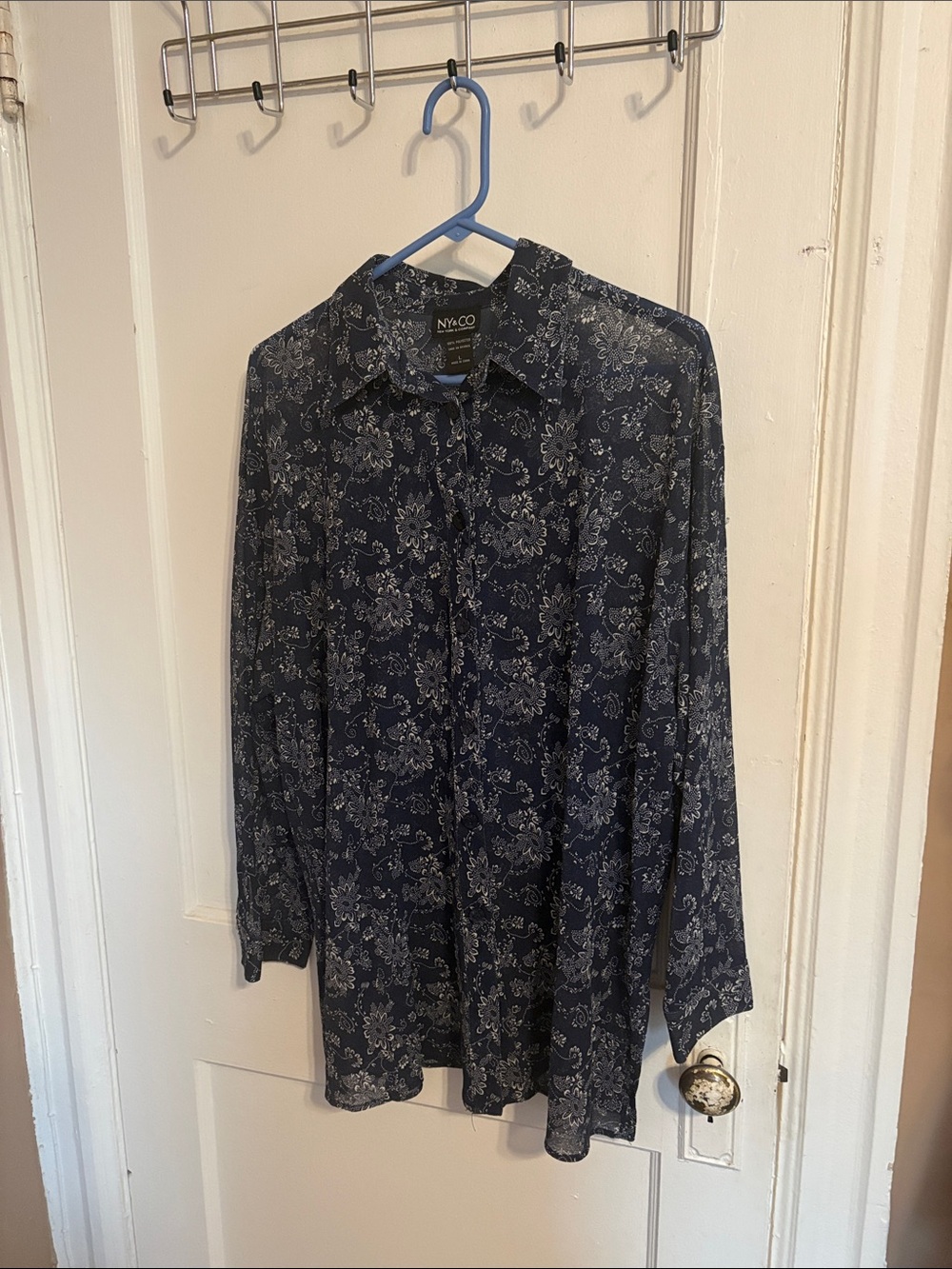 New York & Company Navy Blue Sheer Floral Long-Sleeve Button-Down Shirt